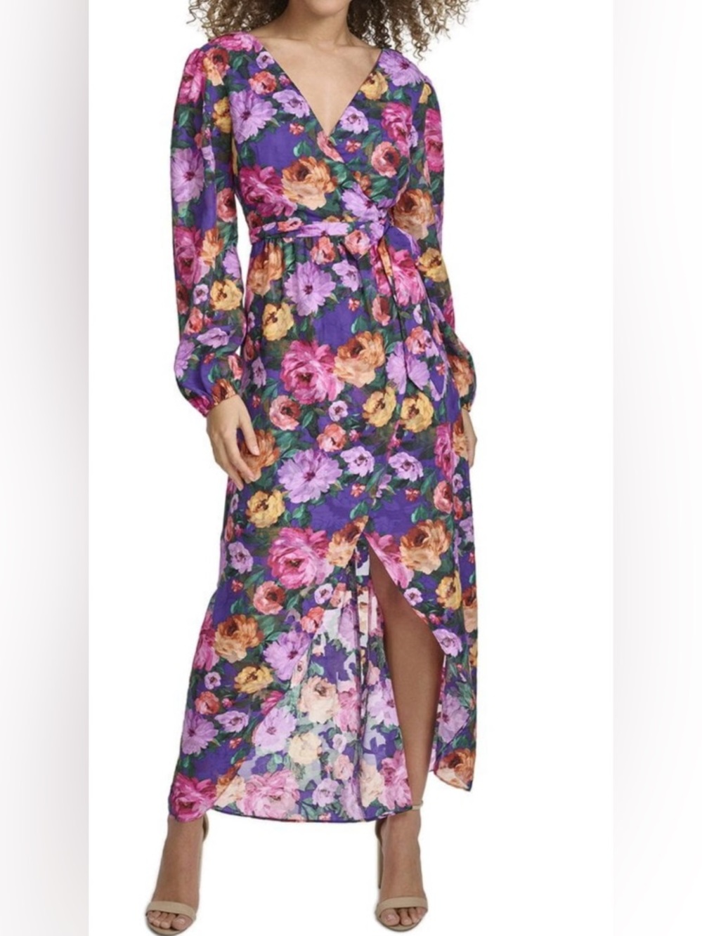 Siena Studio NWT Floral Chiffon Maxi Dress Sz 10 Long Sleeve V Neck Purple